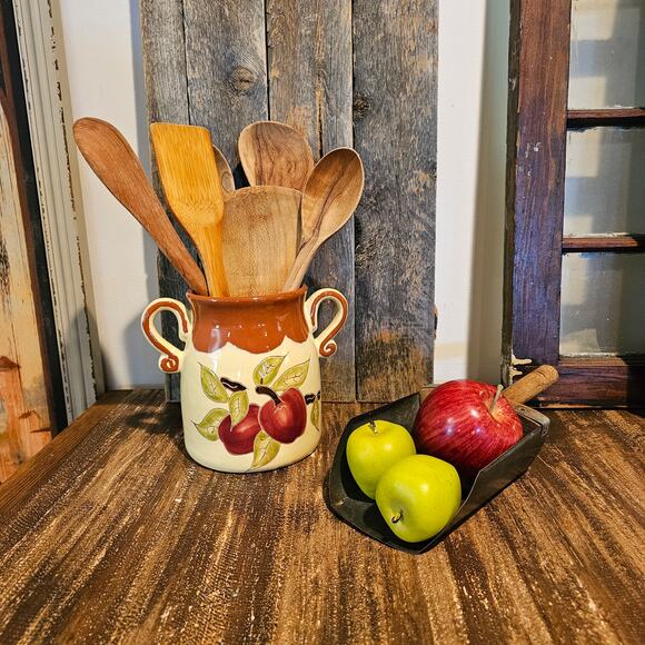 Rustic Apple Design Stoneware Crock - Vintage Ceramic Utensil Jar with Handles - Picture 10 of 10